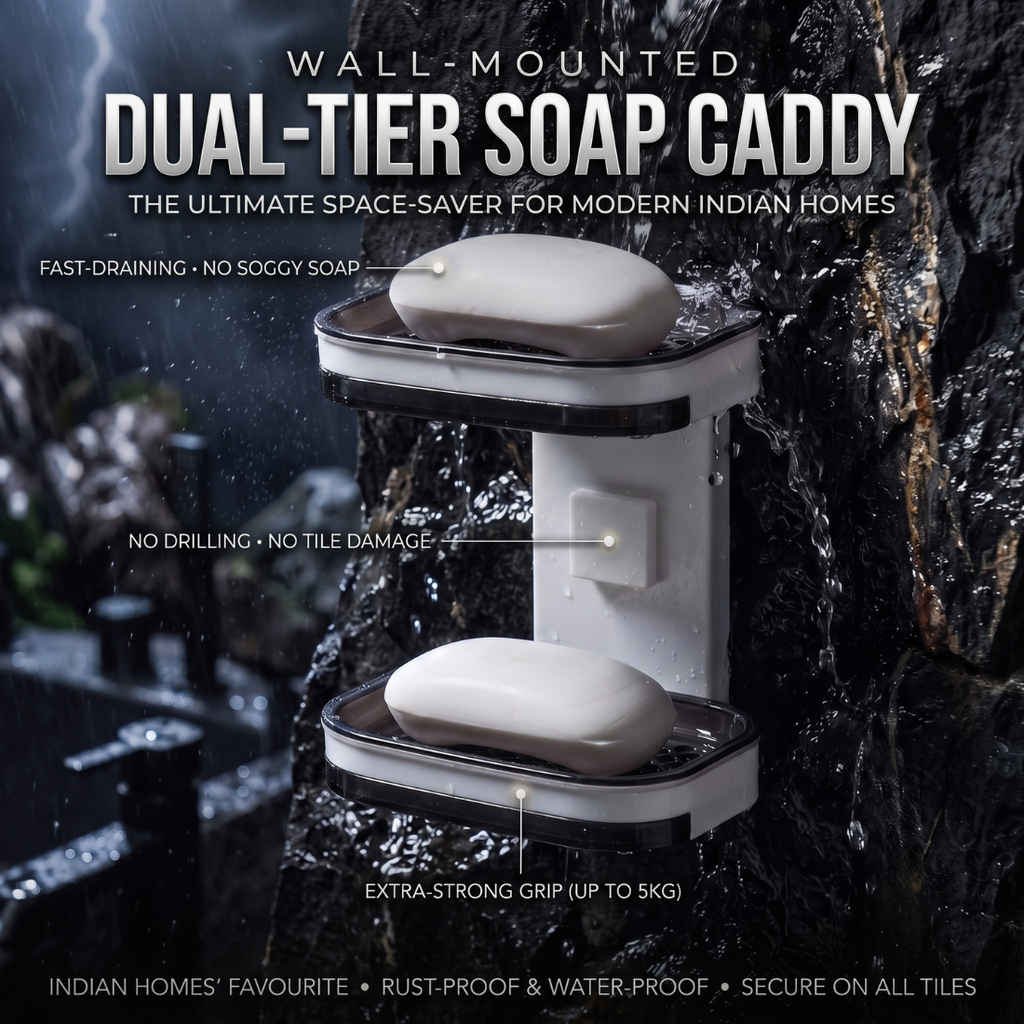 Soap Caddy - 360° Rotating Double-Tier Wall-Mounted Soap Holder with Dual Drainage Trays | No-Drill Space-Saving Bathroom Organizer for Home & Bathroom