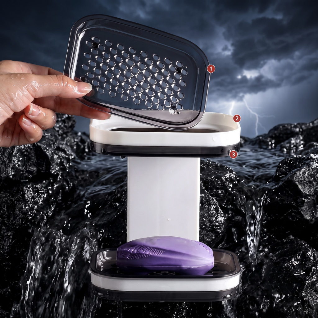 Soap Caddy - 360° Rotating Double-Tier Wall-Mounted Soap Holder with Dual Drainage Trays | No-Drill Space-Saving Bathroom Organizer for Home & Bathroom