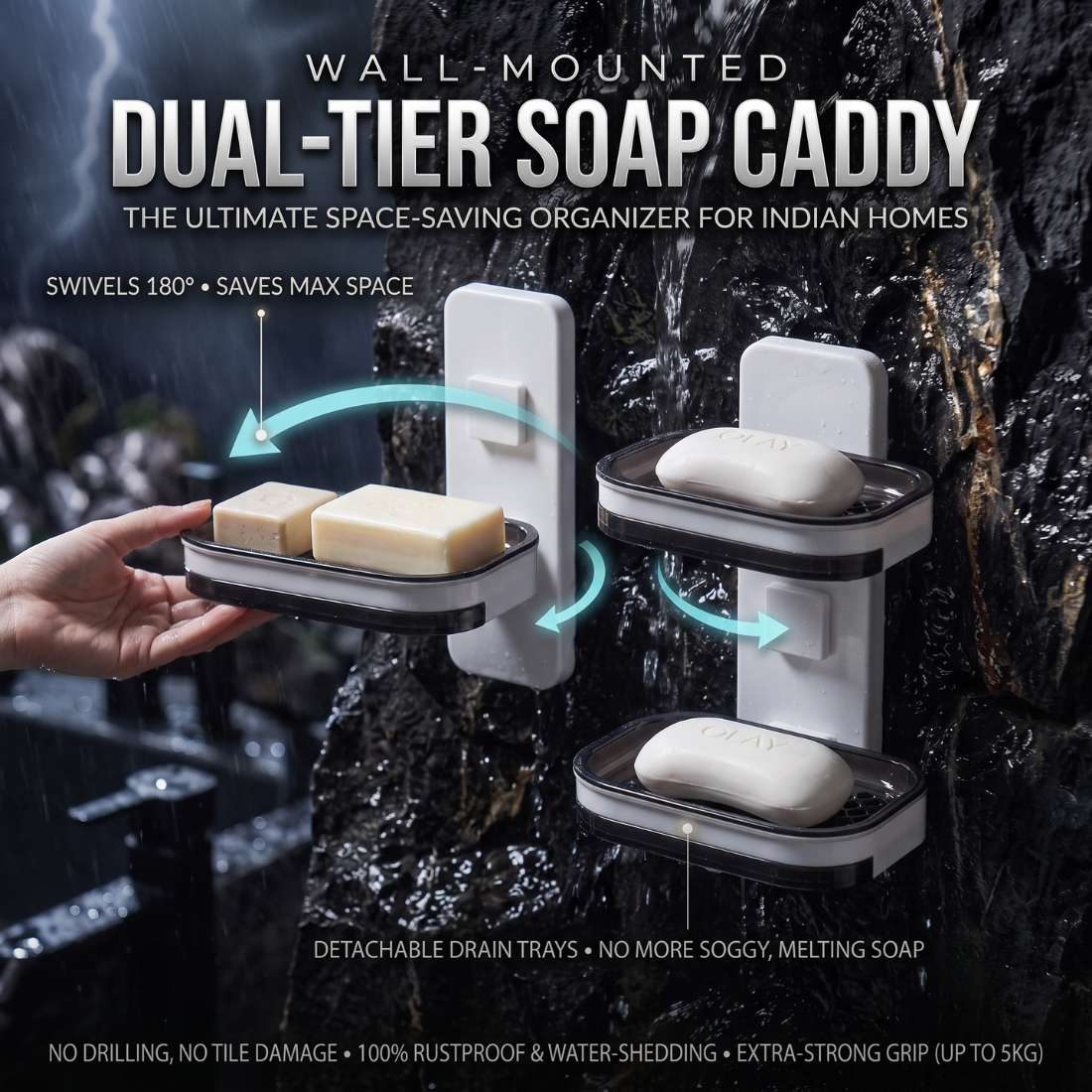 Soap Caddy - 360° Rotating Double-Tier Wall-Mounted Soap Holder with Dual Drainage Trays | No-Drill Space-Saving Bathroom Organizer for Home & Bathroom