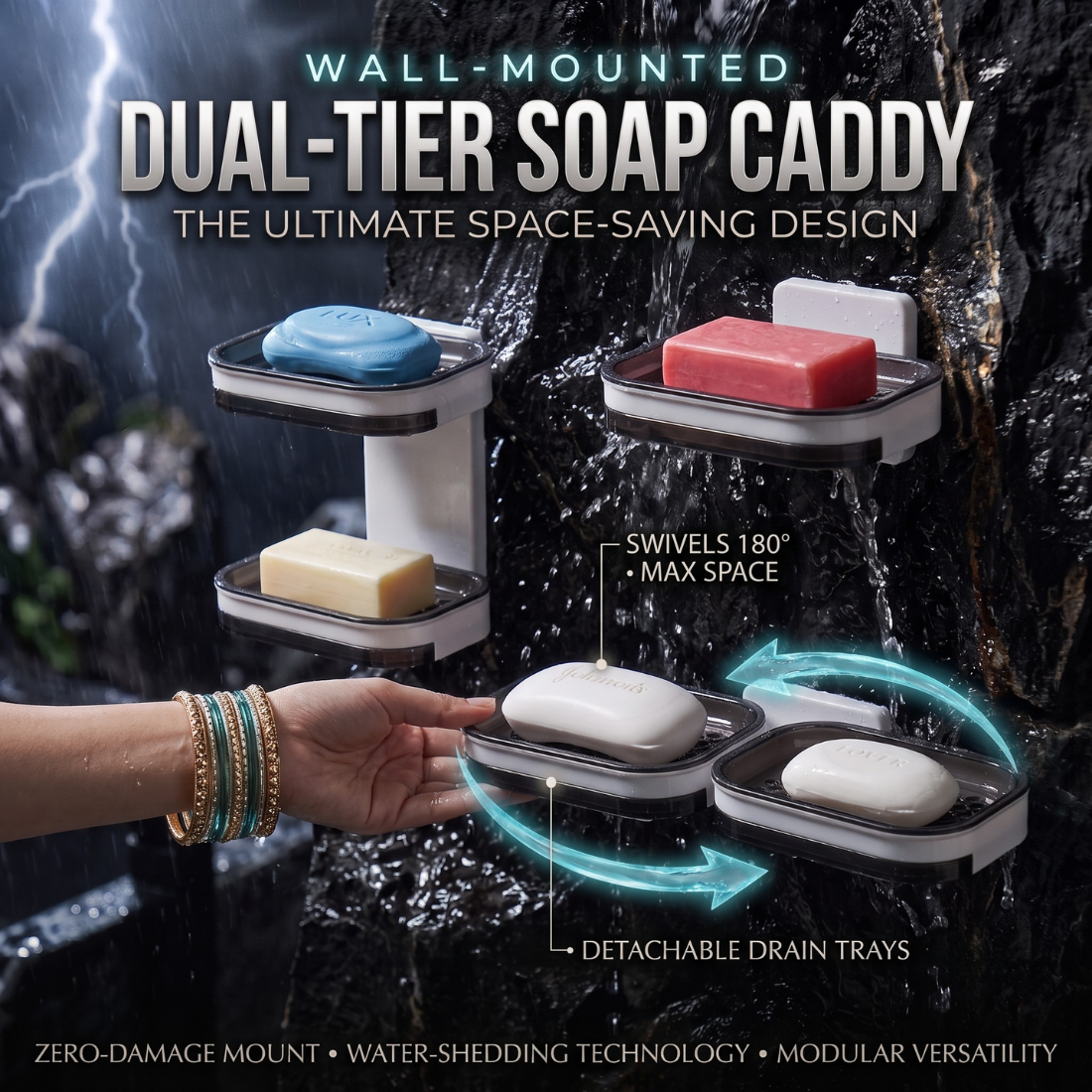 Soap Caddy - 360° Rotating Double-Tier Wall-Mounted Soap Holder with Dual Drainage Trays | No-Drill Space-Saving Bathroom Organizer for Home & Bathroom