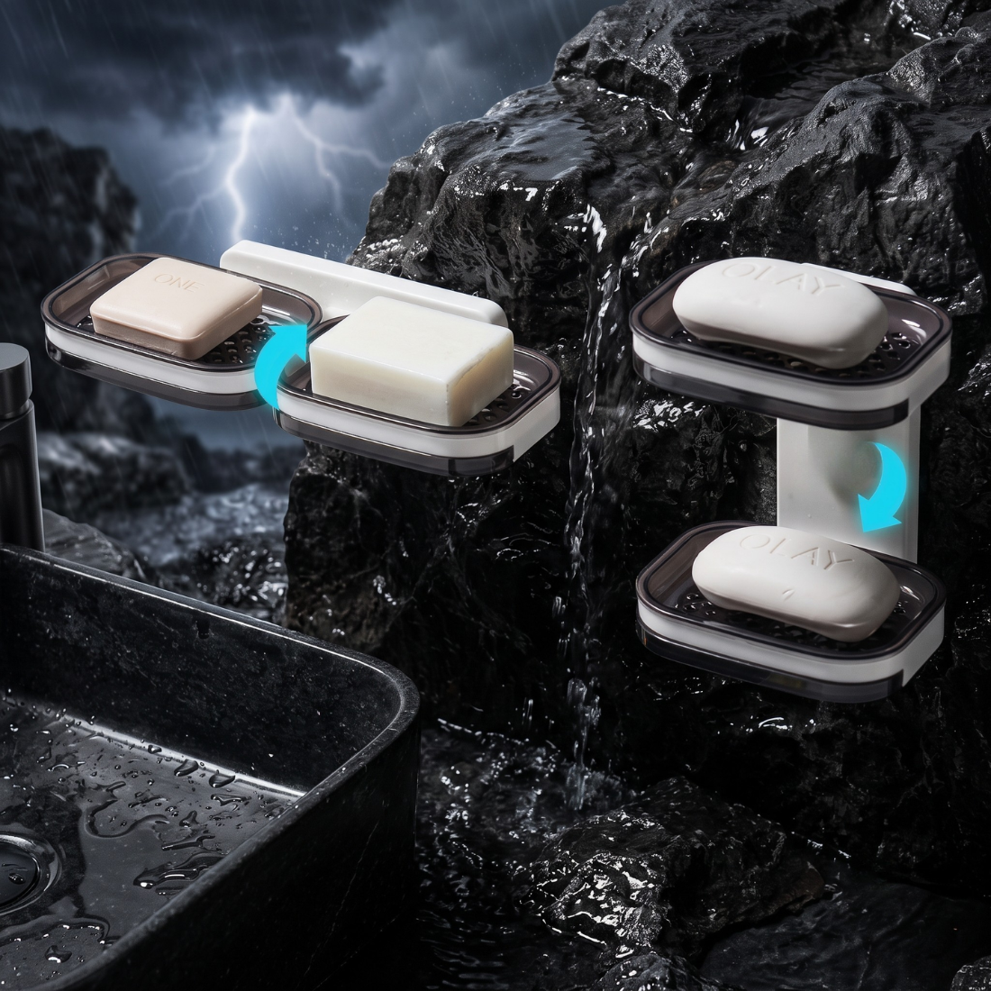 Soap Caddy - 360° Rotating Double-Tier Wall-Mounted Soap Holder with Dual Drainage Trays | No-Drill Space-Saving Bathroom Organizer for Home & Bathroom