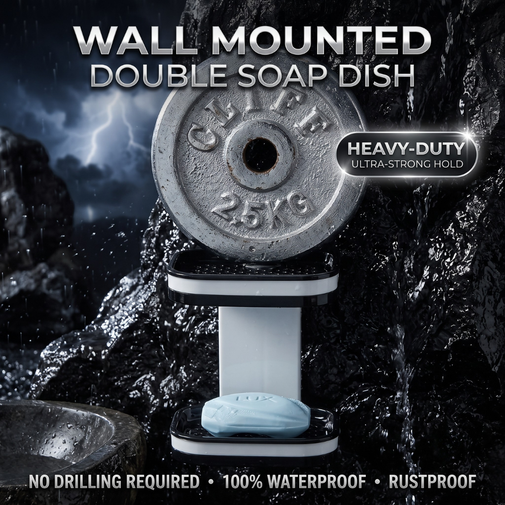 Soap Caddy - 360° Rotating Double-Tier Wall-Mounted Soap Holder with Dual Drainage Trays | No-Drill Space-Saving Bathroom Organizer for Home & Bathroom