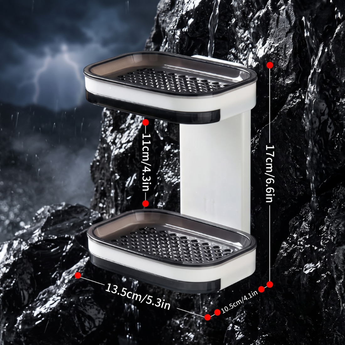 Soap Caddy - 360° Rotating Double-Tier Wall-Mounted Soap Holder with Dual Drainage Trays | No-Drill Space-Saving Bathroom Organizer for Home & Bathroom