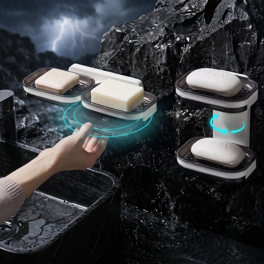 Soap Caddy - 360° Rotating Double-Tier Wall-Mounted Soap Holder with Dual Drainage Trays | No-Drill Space-Saving Bathroom Organizer for Home & Bathroom